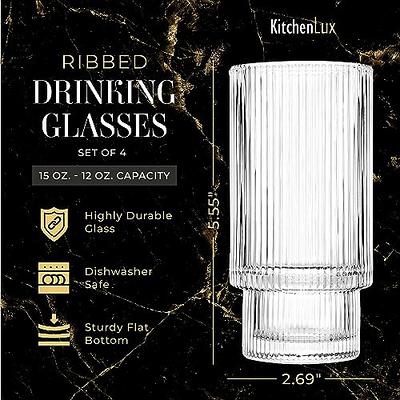 Kitchen Lux Ribbed Drinking Glasses - Ribbed Glass Cups 12 oz