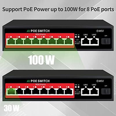 YuanLey 8 Port PoE Switch with 2 Gigabit Uplink, 8 PoE+ Port 100Mbps, 120W  802.3af/at, Extend Function, Metal, Fanless, Unmanaged Plug and Play