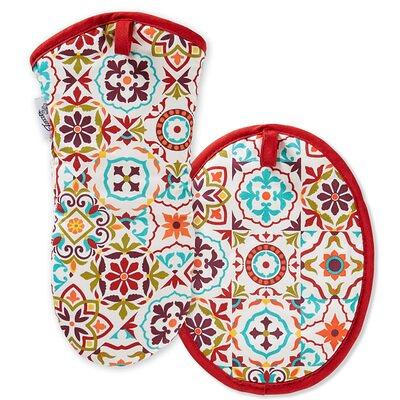 Martha Stewart Amber Floral Cotton Yellow/Coral Oven Mitt and Pot Holder (Set of 2)