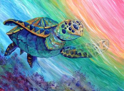 Swimming Sea Turtle, Kauai Art Print, Turtle With Rainbow