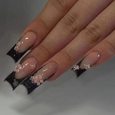  French Tips Press on Nails Long Coffin Fake Nails with