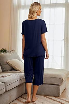 PrinStory Womens Pajama Set Short Sleeve Shirt and capri Pants