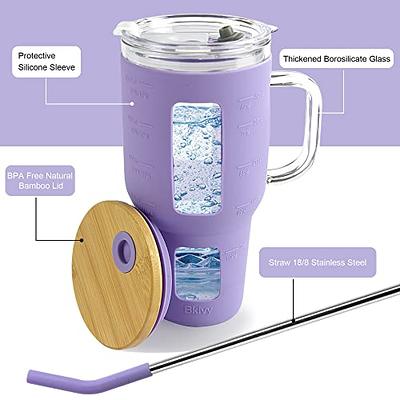 Glass Tumbler With Bamboo Lid And Straw, 32 Oz Iced Coffee Cup With Handle, Glass  Water Bottles With Silicone Sleeve, Two Straw - Boba Straw & Drinkin