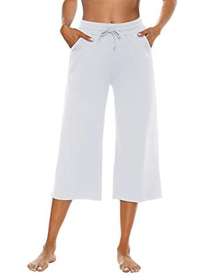 Women Capri Pants Casual Drawstring Elastic High Waist Baggy Wide Leg  Cropped Pants Trousers For Ladies SummerS-3XL Lightgrey