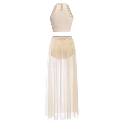 Women Lyrical Dance Costume Adult Modern Contemporary Dancewear Color Block  Long Dress Tank Crop Top Vest Mesh Tulle Flowy Leotard Skirt Two Piece Dance  Outfit Ice Skating Ballroom Ballet Champagne M 