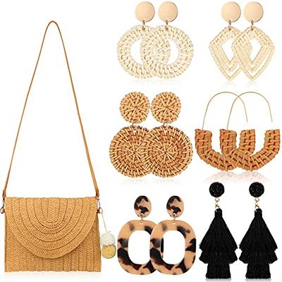 Sweetude 6 Pcs Womens Straw Tote Bag Summer Straw Beach Bag Wide Brim Straw  Sun Hats Bohemian Woven Earrings for Girls