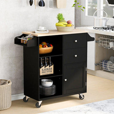 ChooChoo Kitchen Islands on Wheels with Wood Top, Utility Wood Movable  Kitchen Cart with Storage and Drawers, Black
