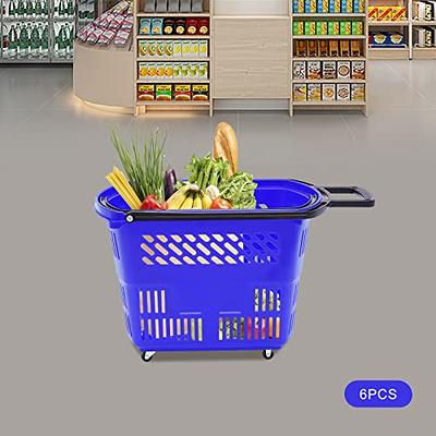 VEVOR 6pcs Shopping Carts, Plastic Rolling Shopping Basket with Wheels, Red Shopping Baskets with Handles, Portable Shopping Basket Set for Retail