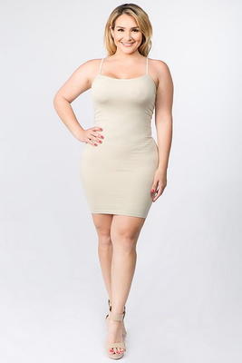 Women's Plus Size Seamless Spaghetti Stap Cami Slip Bodycon Tank Dress,  Mustard 
