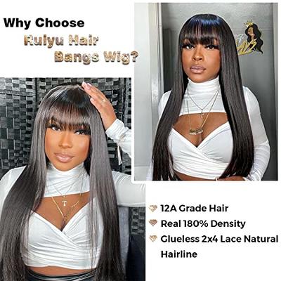 Glueless Human Hair Wigs with Bangs for Black Women 180% Density Straight  2x4 Lace Front
