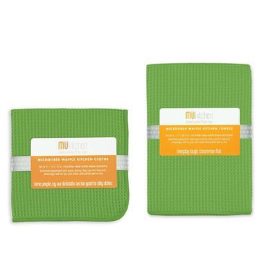 5pk Microfiber Waffle Kitchen Towel And Dish Cloth Set Green - MU Kitchen