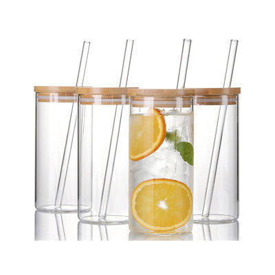 4 Glass Cups Bamboo Lids Straws Tumbler borosilicate double