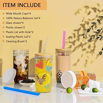 Reusable Glass Cup Glass Jar Bamboo Lids with Hole Straw for Mason