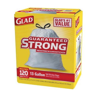 Glad ForceFlex Tall Kitchen Drawstring Trash Bags, 13 Gal, Unscented, 120  Ct (Packaging May Vary)