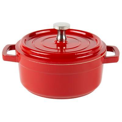 red enameled small cast iron cauldron