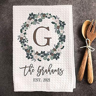 Personalized Kitchen Towel | Custom Tea Towel | Family Name Dish Towel |  Kitchen Decor | Hand Towel | Housewarming Gift | Monogram Dishcloth (Wreath