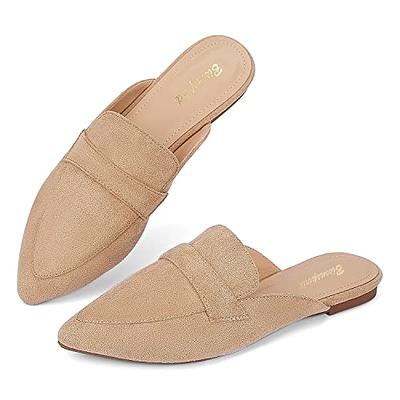 Minorsu Buckle Mules for Women Round Toe Backless Flat Mules Slides Mules  Shoes Ladies Slip-on Loafers