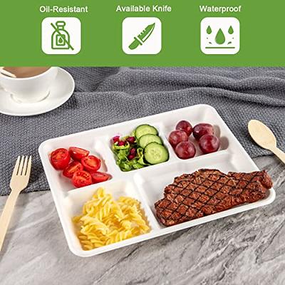 Go-Green 100% Compostable 5 Compartment Plates,Eco-Friendly Disposable  Bagasse Tray,10 inch Heavy Duty School Lunch Tray,100 Pack