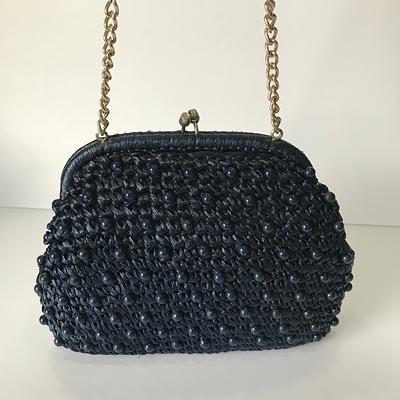 Vintage Small Black Beaded Evening Purse, 1980s Wrist Bag La Regale