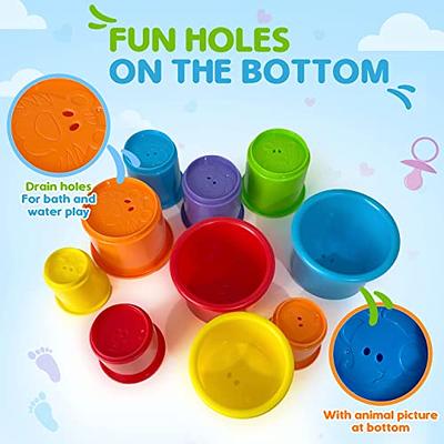 Small Fish Stacking Bath Cups for Toddlers, Rainbow Infant Nesting Cups for 1-3 Years Old, Baby Stack Cups with Sea Animal Shapes and Drain Holes for