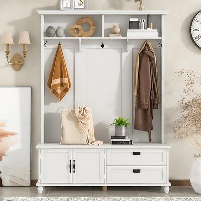 Entryway hall tree with coat rack 4 hooks and storage bench shoe cabinet  white - Yahoo Shopping