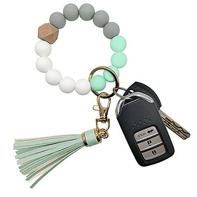 Munchewy Silicone Key Ring Bracelet for Women, Elastic Beaded Wristlet Keychain Key Holder with Zircon & Tassel for Women's Day Gift