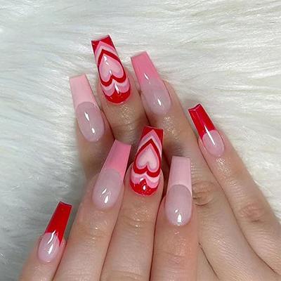 QINGGE Valentine's Day Press on Nails Medium Glossy Pink&Red Heart