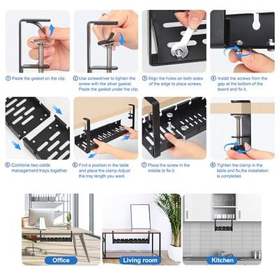 Cable Management Tray, under Desk Wire Management, Retractable No Drill Wire  Organiser Clamp with Clamp Metal Cord Holder Organizer for 