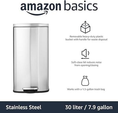   Basics Round Cylindrical Trash Can With Soft-Close Foot  Pedal, 30 Liter/7.9 Gallon, Brushed Stainless Steel