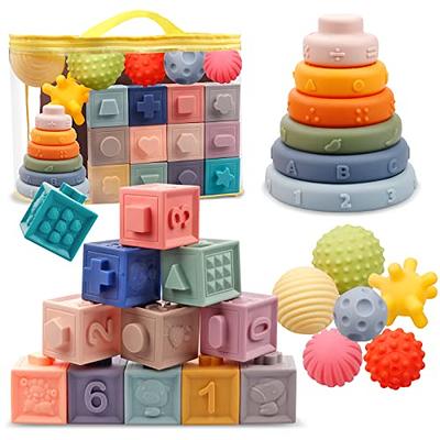 Baby Toys 6 to 12 Months, Soft Building Blocks & Baby Sensory Balls &  Stacking Rings, 3 in 1 Montessori Toys for 1 Year Old, Educational Infant  Toys