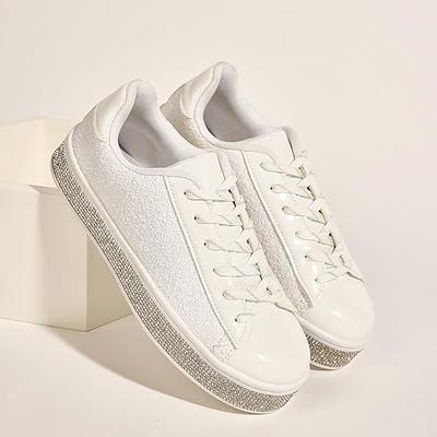 UUBARIS Women's Glitter Tennis Sneakers Neon Dressy Sparkly Sneakers Rhinestone Bling Wedding Bridal Shoes Shiny Sequin Shoes
