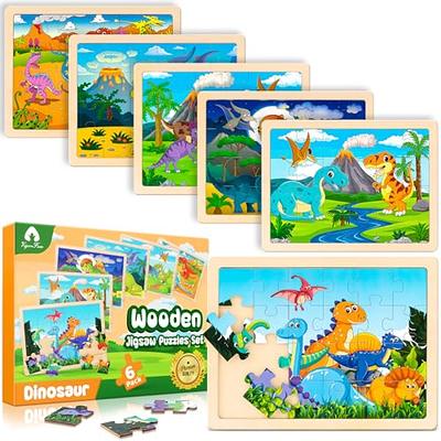 Wooden Jigsaw 20pcs Dinosaur Puzzle for Kids Preschool Educational Learning Toys Set for 2 3 4 Years Old Boys Girls (4 Puzzles)