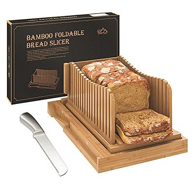 Kitchen Seven Bamboo Bread Slicer with Crumb Tray Bamboo Bread Cutter for Homemade Bread, Loaf Cakes, Bagels Slicer, 3 Slice Sizes, Adjustable, Compac