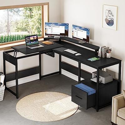 Yitahome  55 Inch L Shaped Corner Computer Desk With Power Outlet And Led  Light And File Cabinet