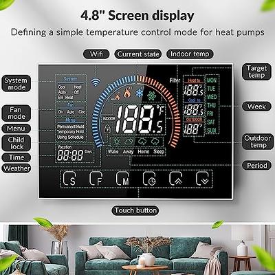 WiFi Smart Heat Pump Room Thermostat Temperature Controller 4.8 inch Color LCD Screen Programmable Touch Control/ Mobile App/ Voice Control Compatible