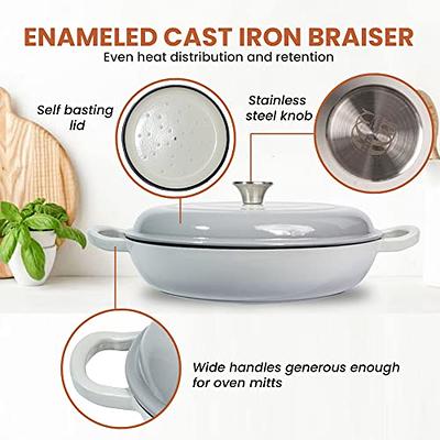 Braiser Enameled Cast Iron, 3.6 Quart Casserole Braiser Pan with Lid, Dutch  Oven