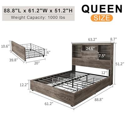 LUXOAK Queen Size Bed Frame with LED Bookcase Headboard, Wooden Storage Bed  with Charging Station & 4 Drawers, No Box Spring Needed/Noise-Free/Rustic  Grey - Yahoo Shopping