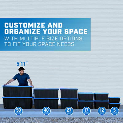 HART 40Gallon Heavy Duty Latching Plastic Storage Bin Black Base/Blue Lid  Set 3