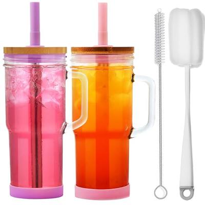 Glass Cup with Bamboo Lids and Straws,24oz Tumbler With Handle,2