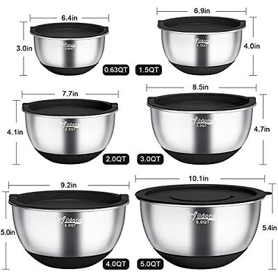 Wildone Mixing Bowls Set of 5, Stainless Steel Nesting Bowls with Lids, 3  Grater Attachments, Measurement Marks & Non-Slip Bottoms, Size 5, 3, 2,  1.5