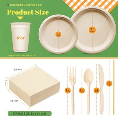 CURTA 350pcs Compostable Paper Plates Set Eco-friendly Heavy-duty  Disposable Paper Plates Cutlery Includes Biodegradable Plates, Bowls,Forks,  Knives