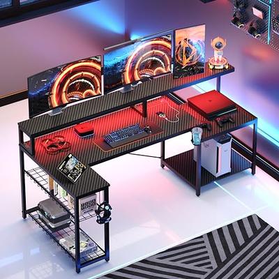 MOTPK Pink Gaming Desk L Shaped with LED Lights, Corner Gaming Computer Desk  55inch with Power Outlets, Gaming Table with PC Storage Shelf, Gamer Desk  with Monitor Shelf, Carbon Fiber Texture 