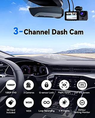 3 Channel Dash Cam Front and Rear Inside, 1080p Full HD Dash Camera for Cars with 4 IR Lamps, Three Way Car Camera with Night Vision, 2.0 inch IPS