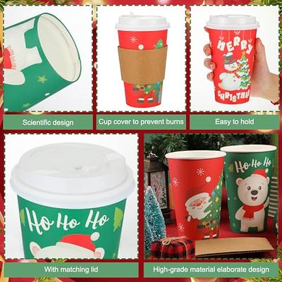 Fit Meal Prep 50 Pack 8 oz Christmas Disposable Coffee Cups with White Lids, Durable Thickened Christmas Paper Cups for Hot Beverage Chocolate Tea