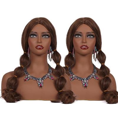 Realistic Female Mannequin Head with Shoulder Manikin PVC Head Bust Wig Head  Stand with Makeup for Wigs Necklace Earrings Light Brown 