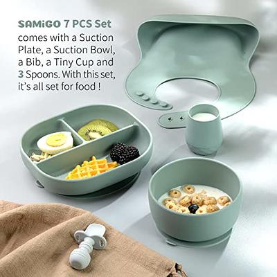 SAMiGO Silicone Baby Feeding Set, Baby Led Weaning Supplies, Suction Plate,  Bowl, Spoons, Food Bib, Cup, First Stage Self Eating Utensils, 6+ Months