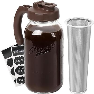 Glass Pitcher with Lid, 2 Quart(64oz) Mason Jar Pitcher with Pour Spout  Handle Lid, Large