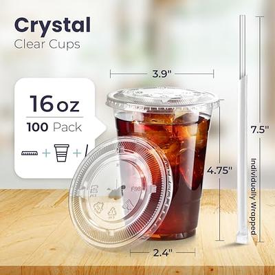 [100 Pack] 16 oz BPA Free Clear Plastic Cups with Flat Slotted Lids for Iced Cold Drinks Coffee Tea Smoothie Bubble Boba Disposable Medium Size