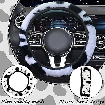 Cow Pattern Fluffy Steering Wheel Cover Non Slip Soft Furry Plush