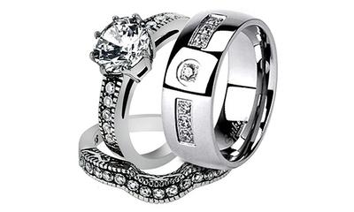 His Hers 3 Pcs Silver Stainless Steel Round Cut CZ Wedding Ring Set Mens Flat Band 8 / 7